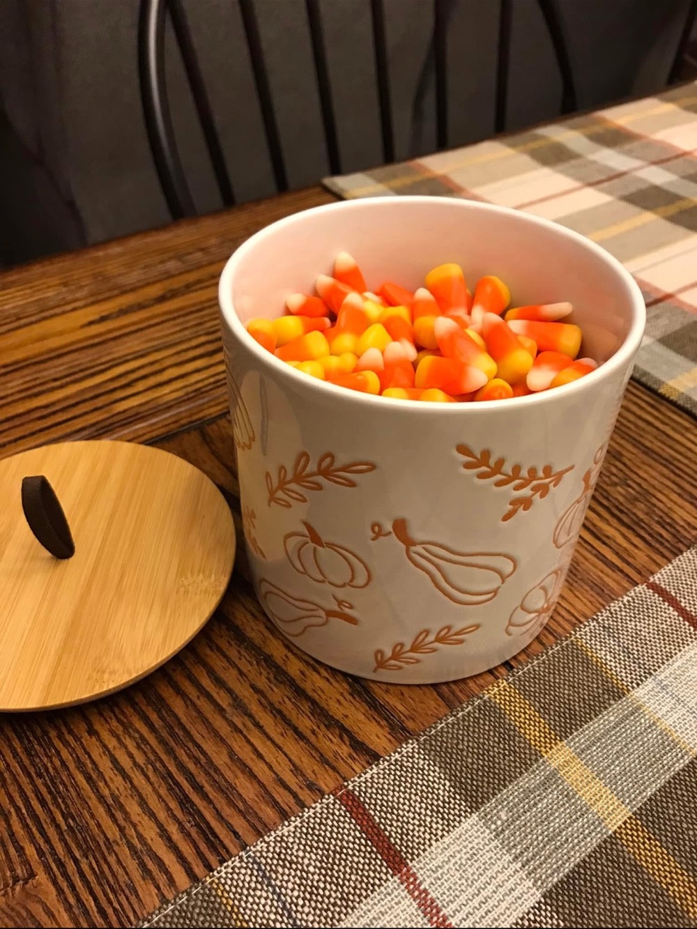 Hobby Lobby White Ceramic Canister with Orange Pumpkin Motif and Bamboo Lid